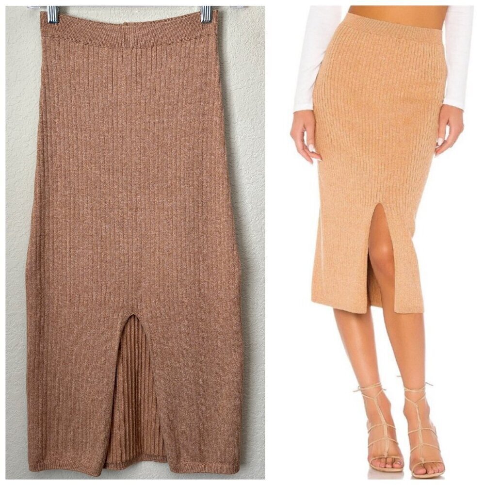 Free People Skyline Front Slit Rib Midi Skirt Stretch Beige